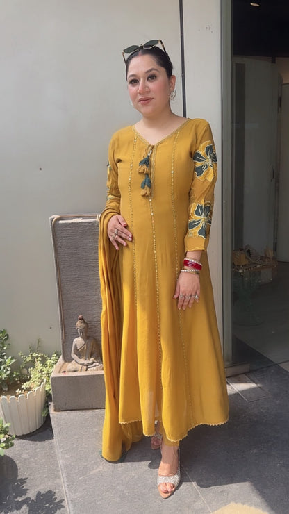 Rehmat Musturd Thread work Designer Anarkali