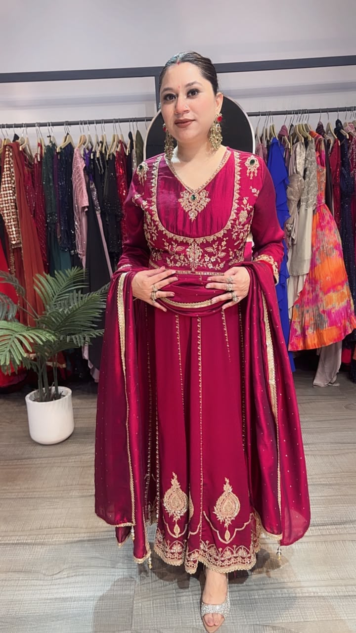 Sajna wine Handwork Designer Anarkali Suit