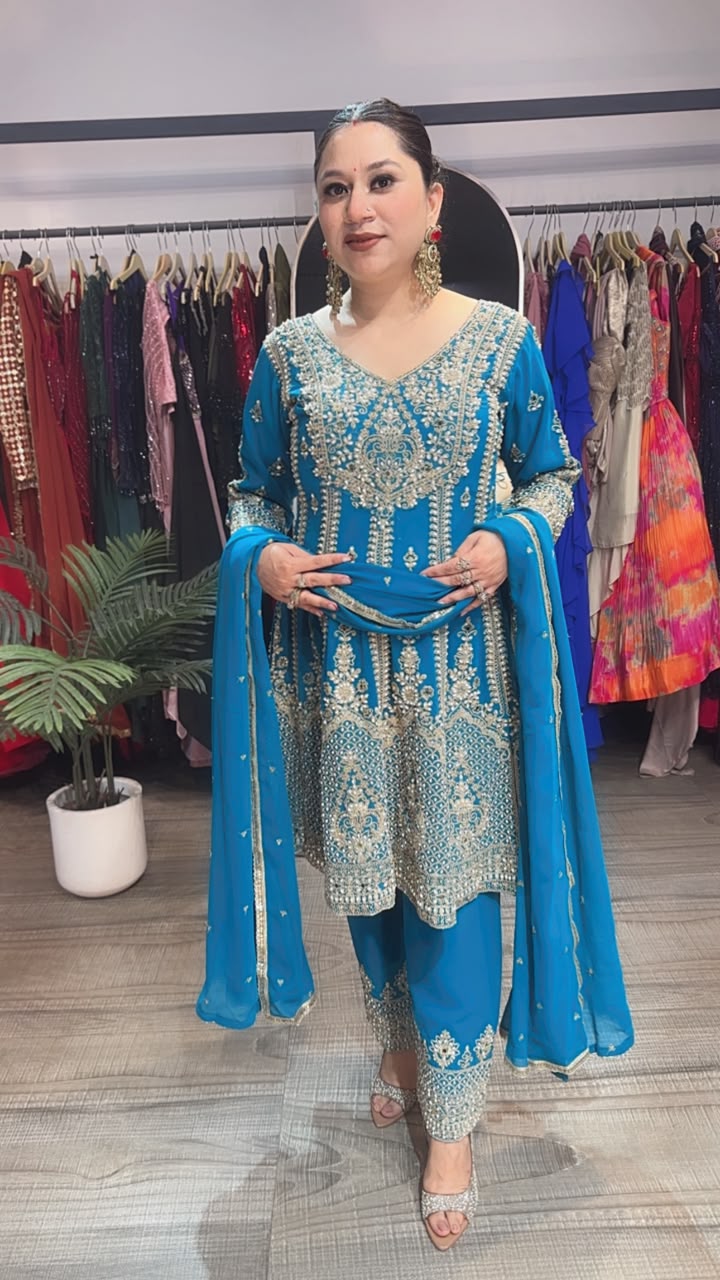 Simran Blue Handwork Designer peplum Suit