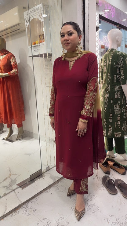 Muhurat Mahroon Handwork Designer Suit