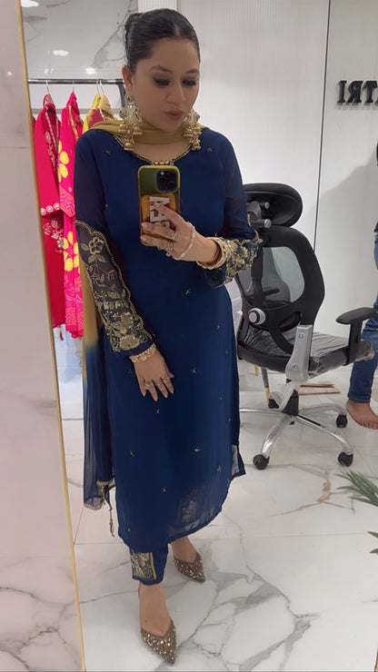 Muhurat Navy Blue Handwork Designer Suit