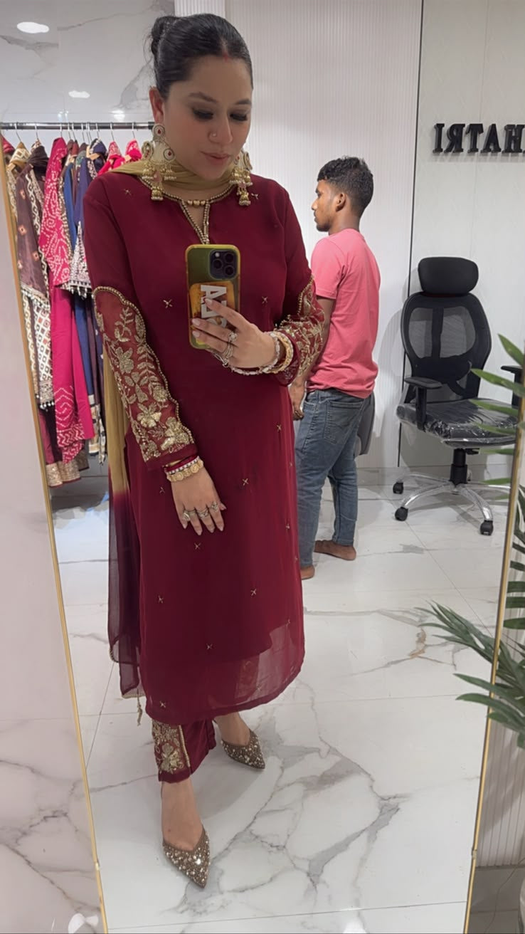 Muhurat Mahroon Handwork Designer Suit