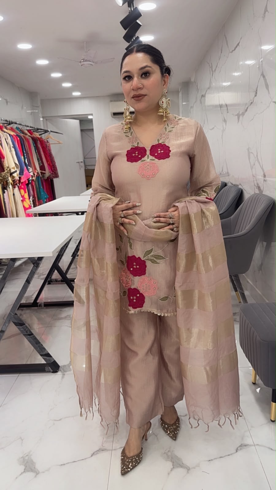 Mihika Beige Thread work Designer Suit