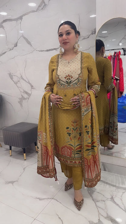 Frizana Musturd Digital print Designer Suit