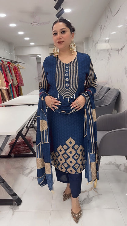 Hiba Navy Blue Digital print Designer Suit