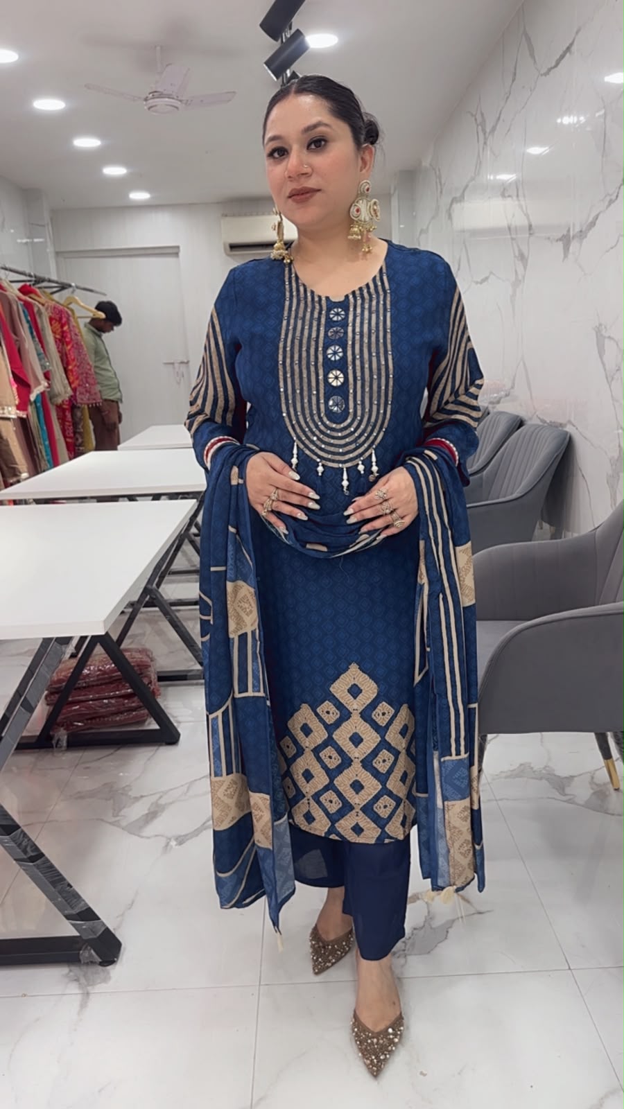 Hiba Navy Blue Digital print Designer Suit