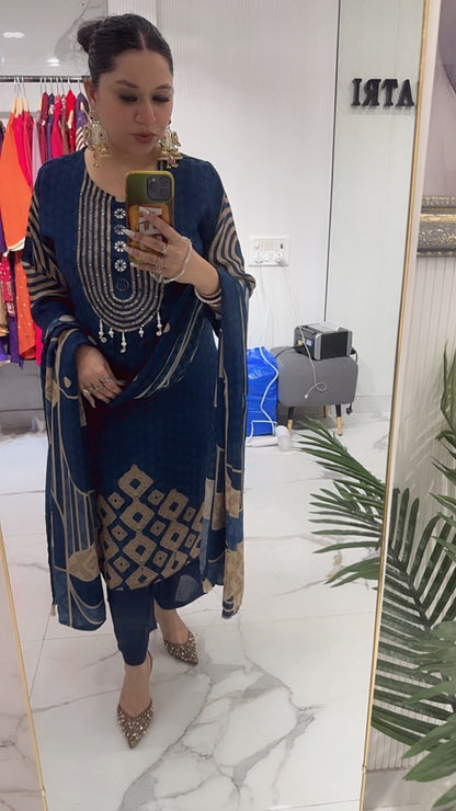 Hiba Navy Blue Digital print Designer Suit
