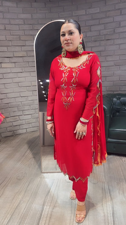 Falguni Red Katdana Designer Suit