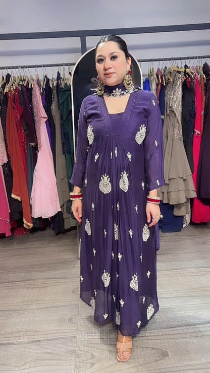 Trisha purple A-Aline pear work Designer Suit