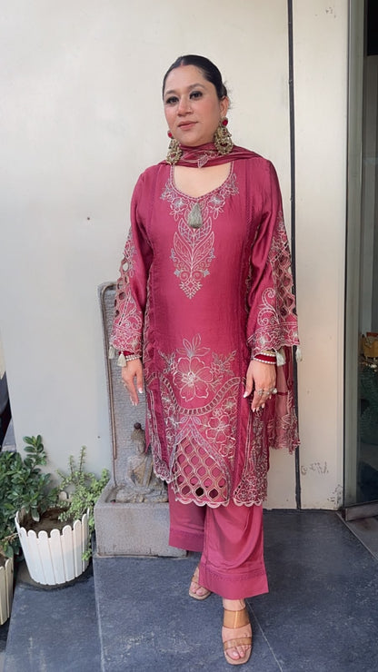 Arabic Onion pink Cutwork Designer Pakistani Suit