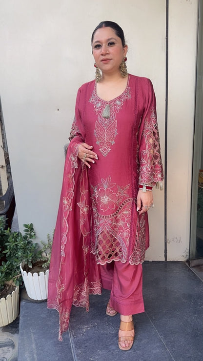 Arabic Onion pink Cutwork Designer Pakistani Suit