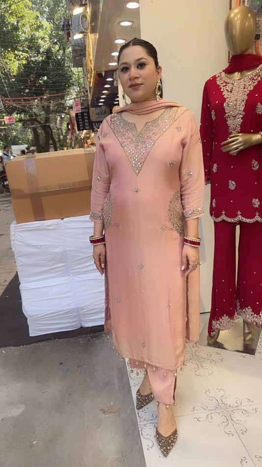 Bajirao Baby Pink Mirror Work Pocket Designer Suit