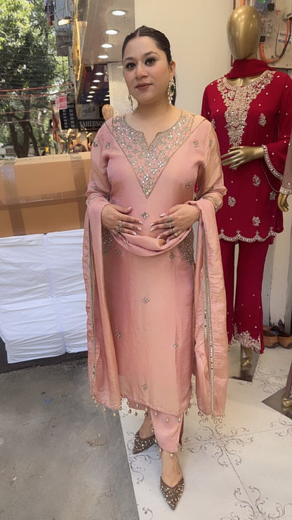 Bajirao Baby Pink Mirror Work Pocket Designer Suit