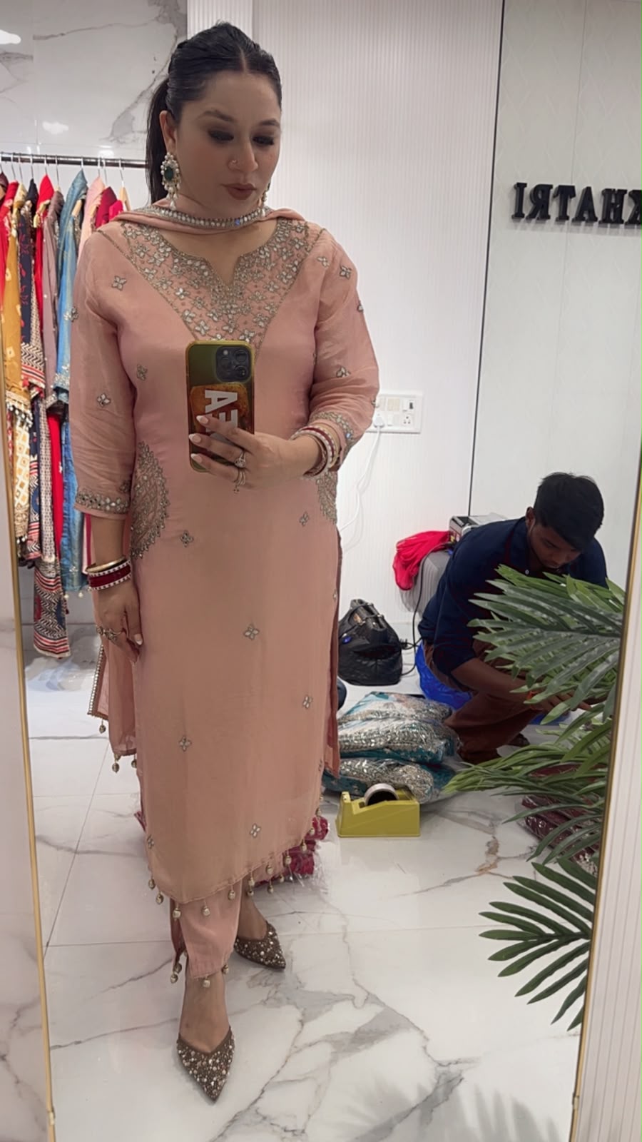 Bajirao Baby Pink Mirror Work Pocket Designer Suit