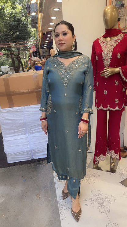 Bajirao Teal Blue  Mirror Work Pocket Designer Suit