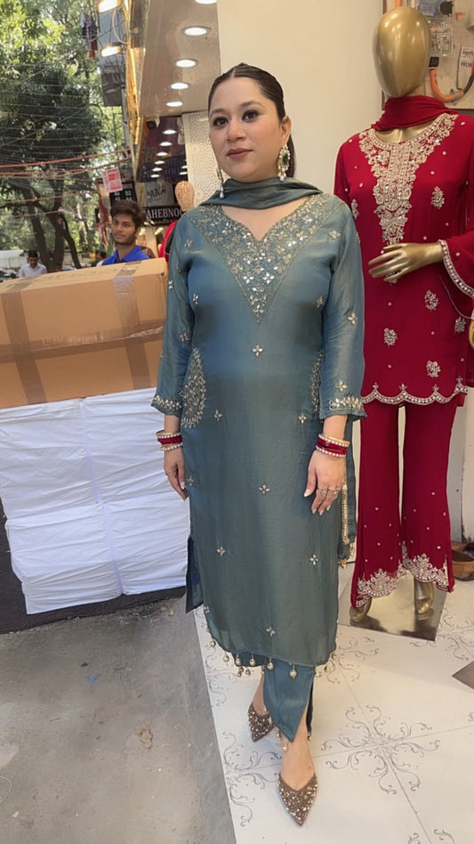 Bajirao Teal Blue  Mirror Work Pocket Designer Suit