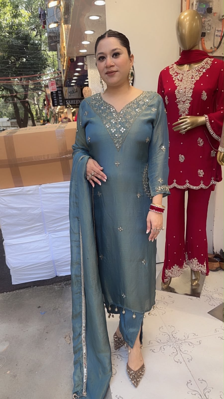 Bajirao Teal Blue  Mirror Work Pocket Designer Suit