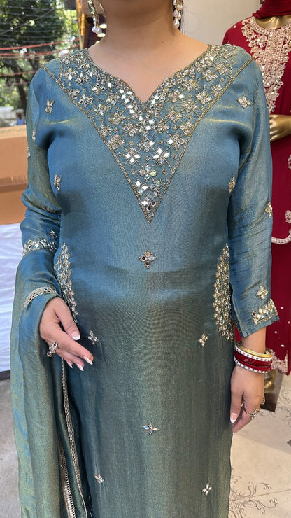 Bajirao Teal Blue  Mirror Work Pocket Designer Suit