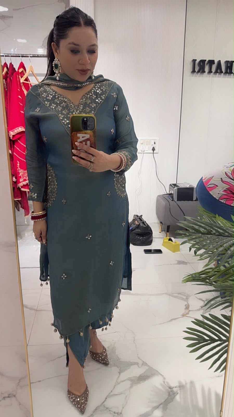 Bajirao Teal Blue  Mirror Work Pocket Designer Suit