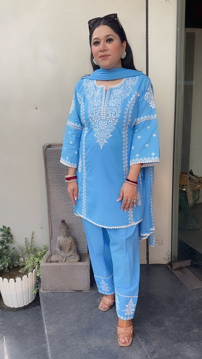 Makhan Blue Chikankari Farshi Salwar Designer Suit