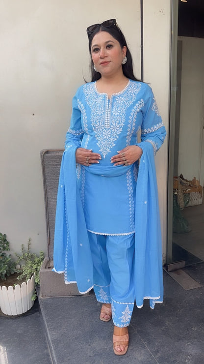 Makhan Blue Chikankari Farshi Salwar Designer Suit