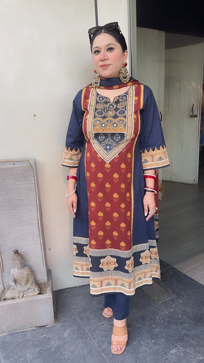 Jalmahal Navy Blue Digital A-Line Designer Suit