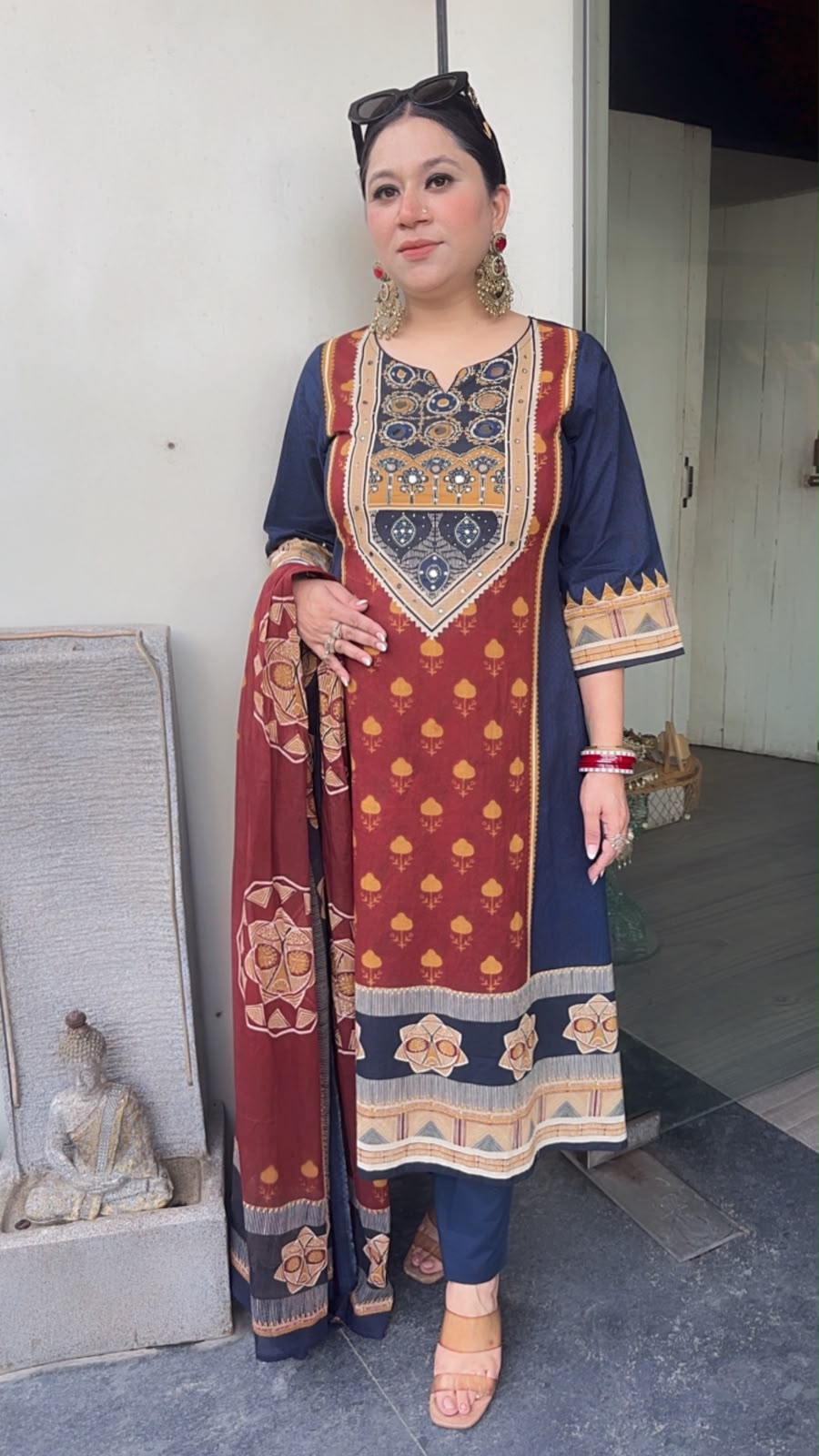 Jalmahal Navy Blue Digital A-Line Designer Suit