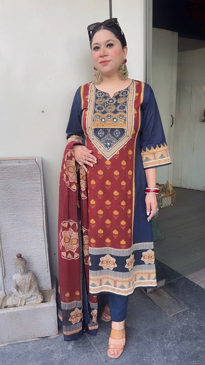 Jalmahal Navy Blue Digital A-Line Designer Suit