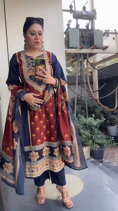 Jalmahal Navy Blue Digital A-Line Designer Suit