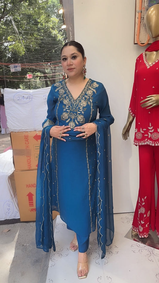Tasvir Teal Blue Designer Cotton Suit