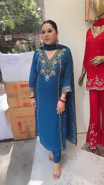 Tasvir Teal Blue Designer Cotton Suit