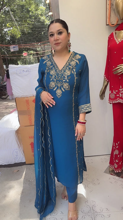 Tasvir Teal Blue Designer Cotton Suit