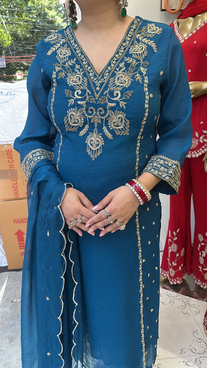 Tasvir Teal Blue Designer Cotton Suit