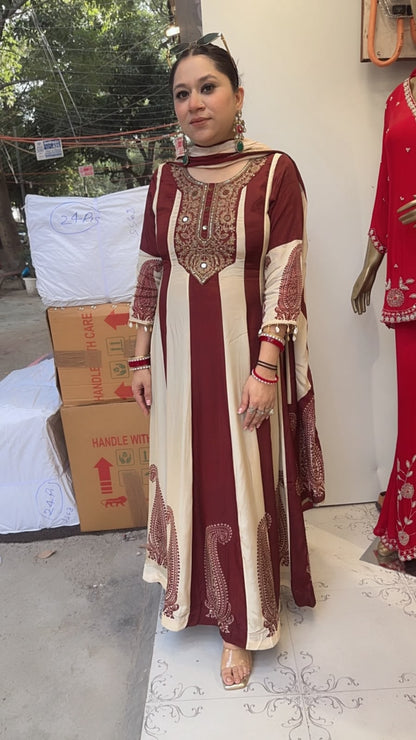 Sargun Mahroon Ivory Digital Anarkali Designer Suit