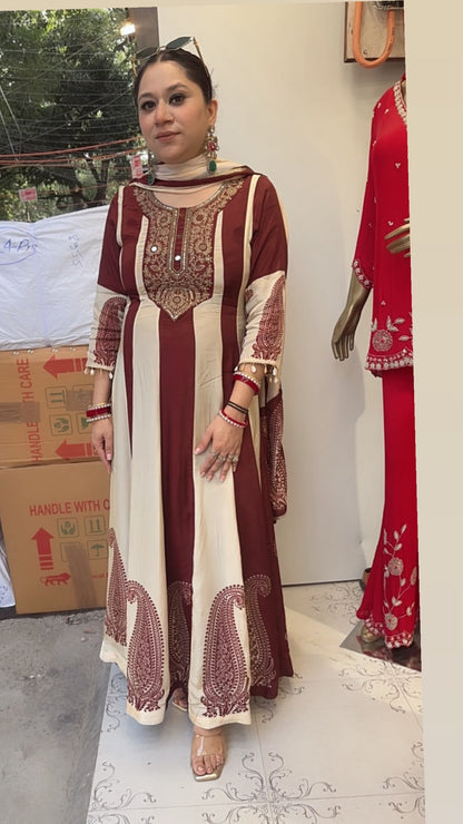 Sargun Mahroon Ivory Digital Anarkali Designer Suit