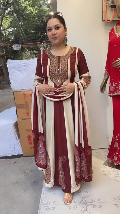 Sargun Mahroon Ivory Digital Anarkali Designer Suit