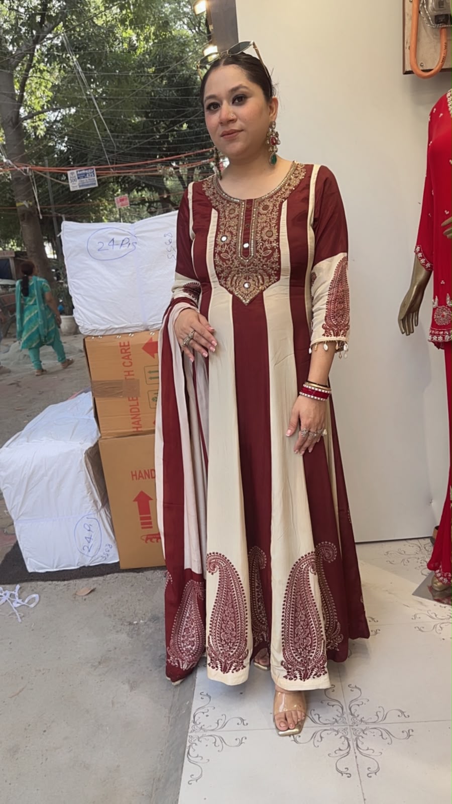 Sargun Mahroon Ivory Digital Anarkali Designer Suit