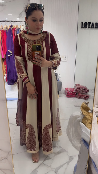Sargun Mahroon Ivory Digital Anarkali Designer Suit