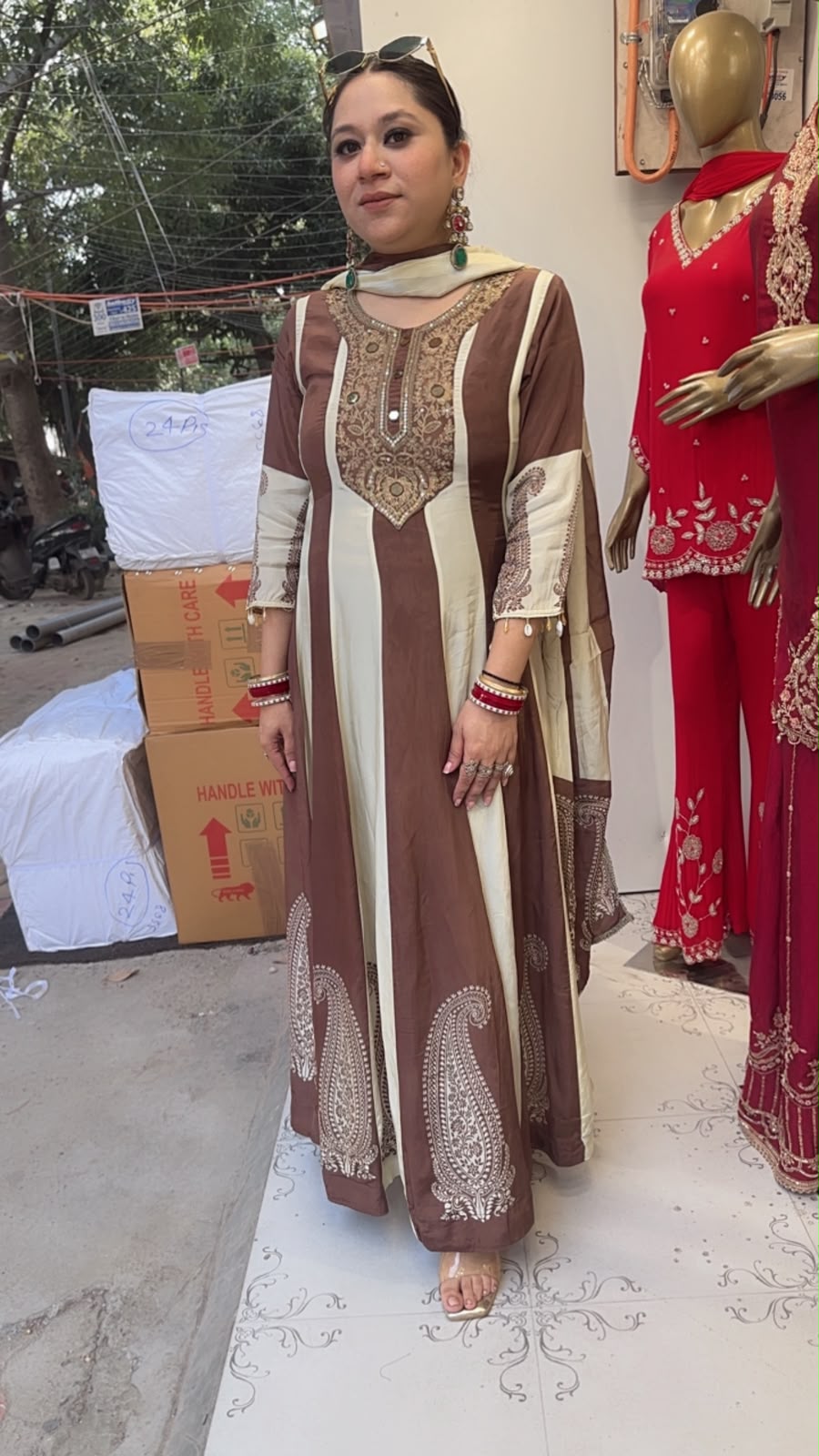 Sargun Brown Ivory Digital Anarkali Designer Suit
