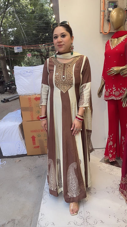 Sargun Brown Ivory Digital Anarkali Designer Suit