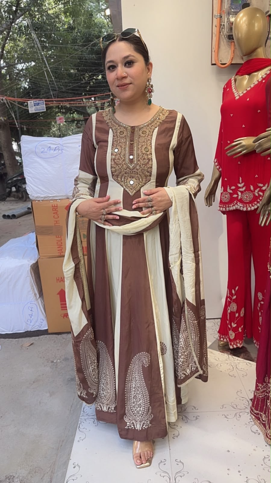Sargun Brown Ivory Digital Anarkali Designer Suit