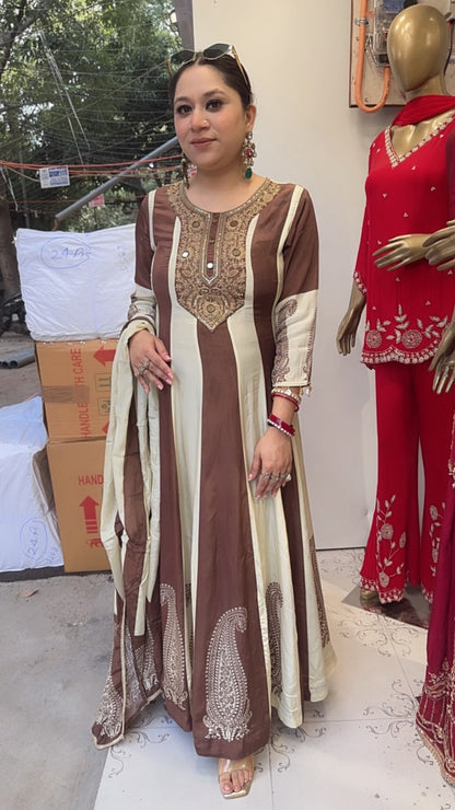 Sargun Brown Ivory Digital Anarkali Designer Suit