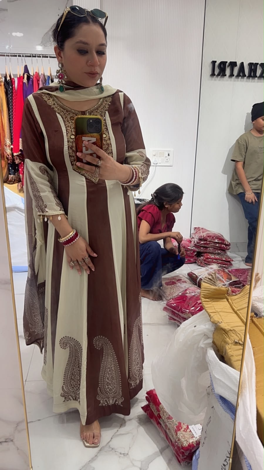 Sargun Brown Ivory Digital Anarkali Designer Suit