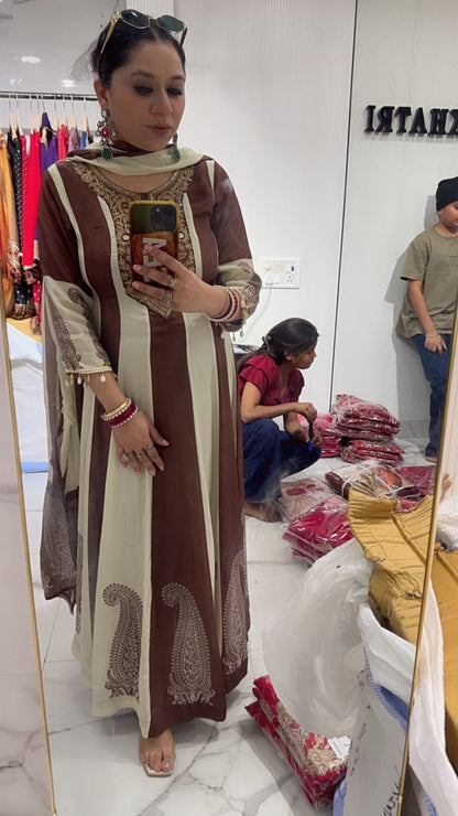 Sargun Brown Ivory Digital Anarkali Designer Suit