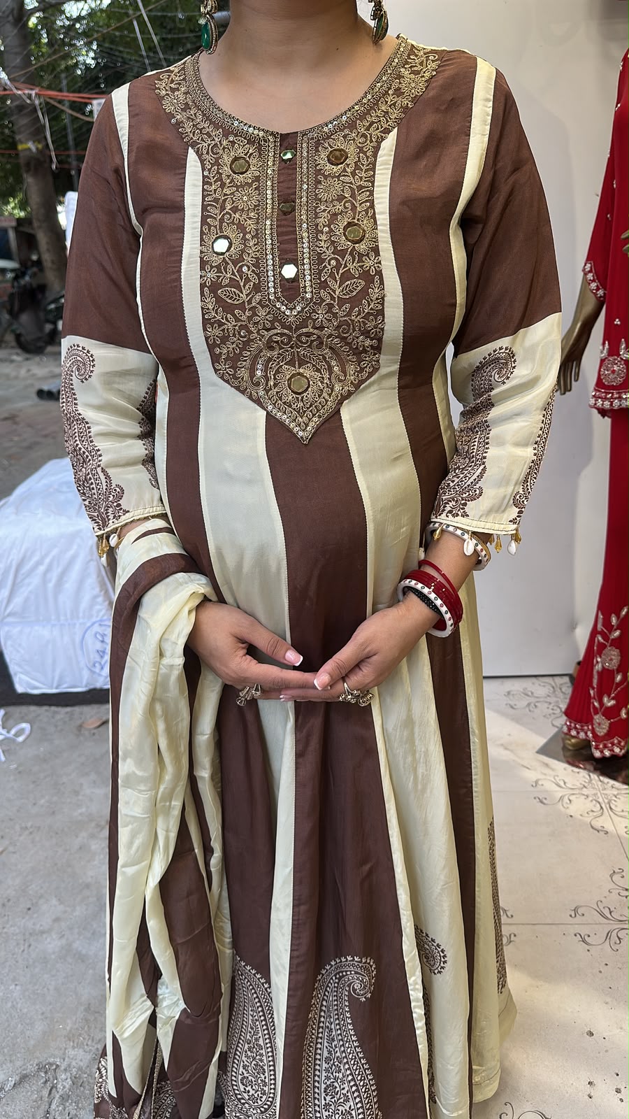 Sargun Brown Ivory Digital Anarkali Designer Suit