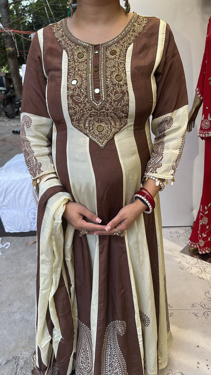 Sargun Brown Ivory Digital Anarkali Designer Suit
