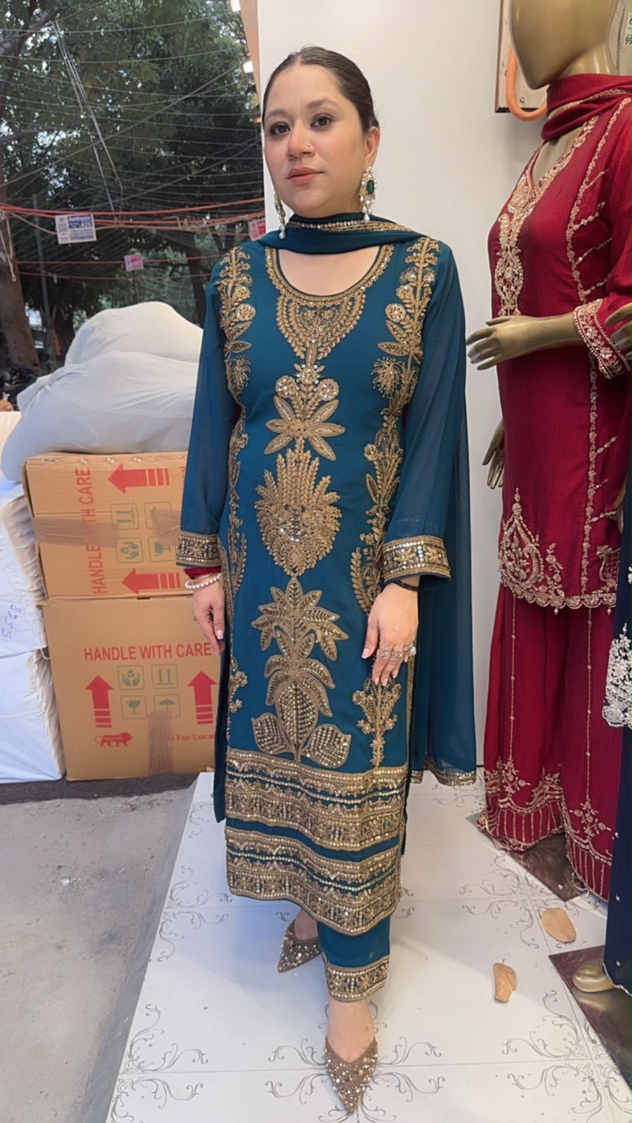 Rasbhari Teal Blue Handwork Pakistani Suit