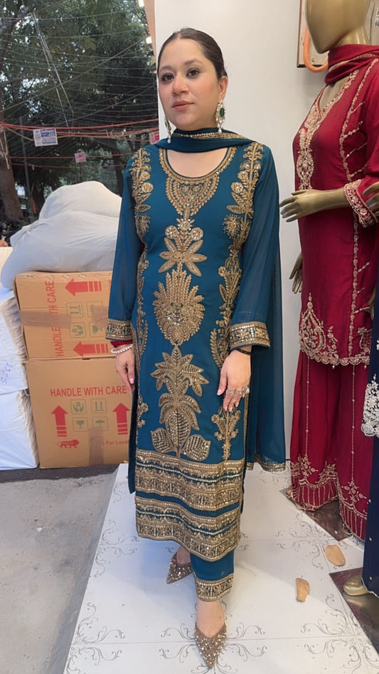 Rasbhari Teal Blue Handwork Pakistani Suit