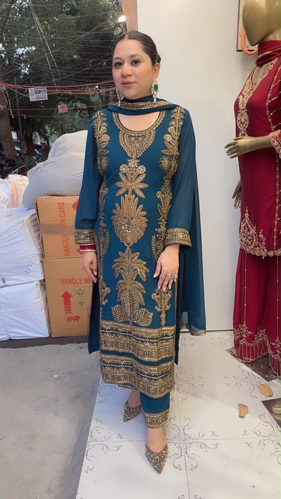 Rasbhari Teal Blue Handwork Pakistani Suit
