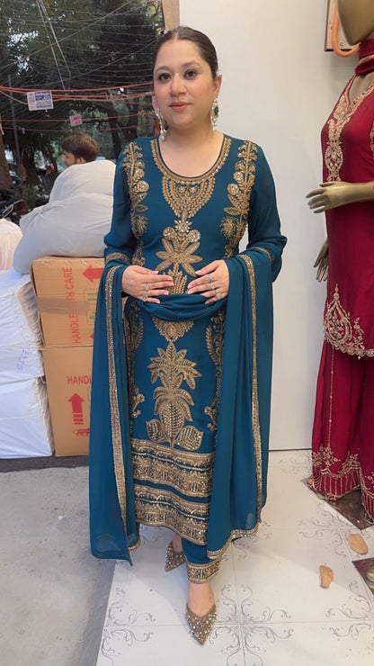 Rasbhari Teal Blue Handwork Pakistani Suit